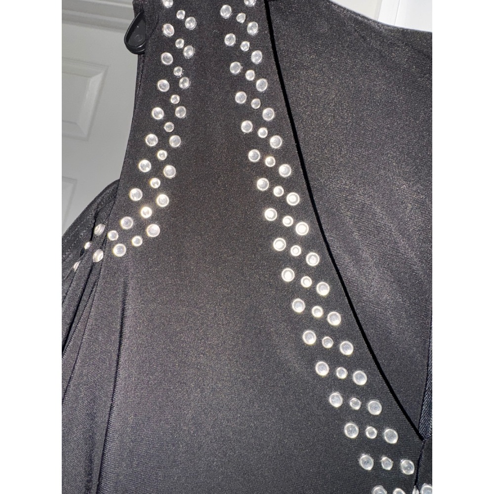 Cache Black Rhinestone Cold Shoulder Ruched Long Sleeve Cocktail Dress - Picture 8 of 11